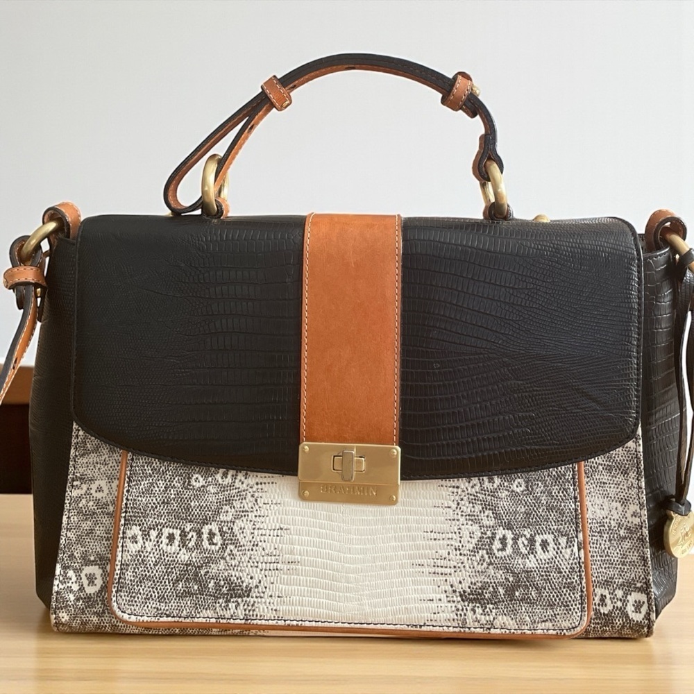 Brahmin Oxford Flap Natural Bernini Black/White Embossed Leather Crossbody Bag